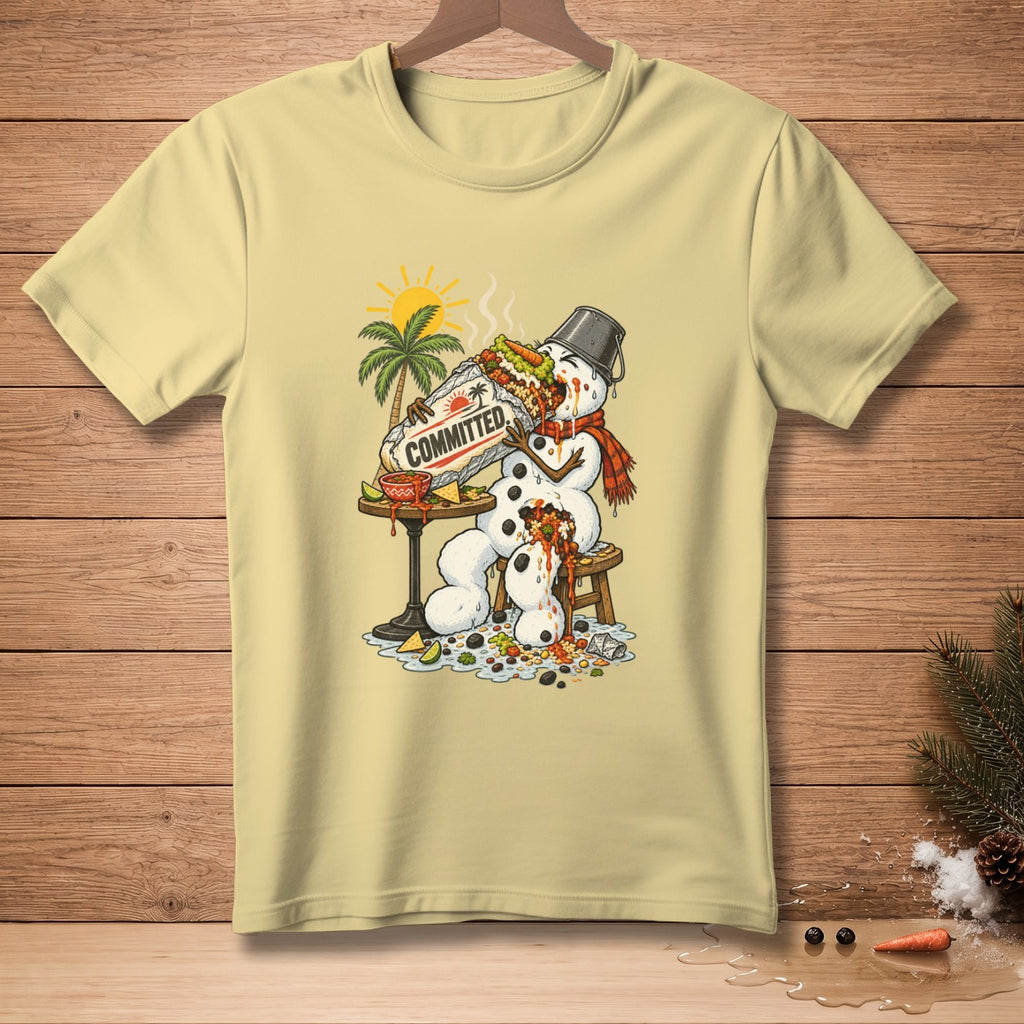 Melting snowman eating a large burrito with the word "COMMITTED".