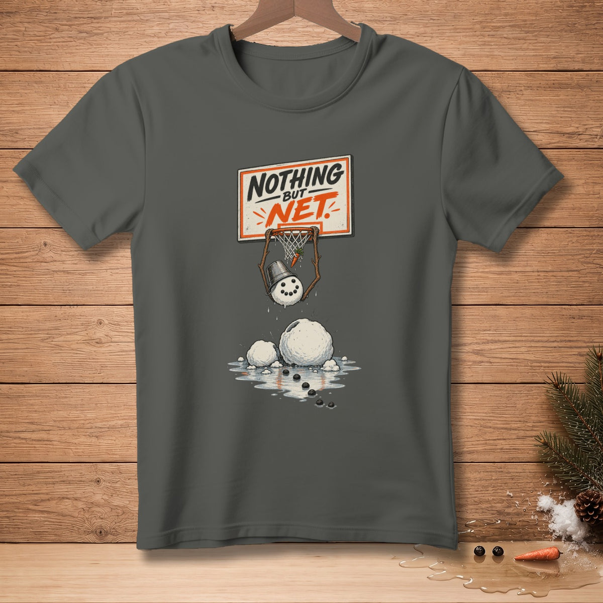 Snowman dunking basketball with text "Nothing But Net"