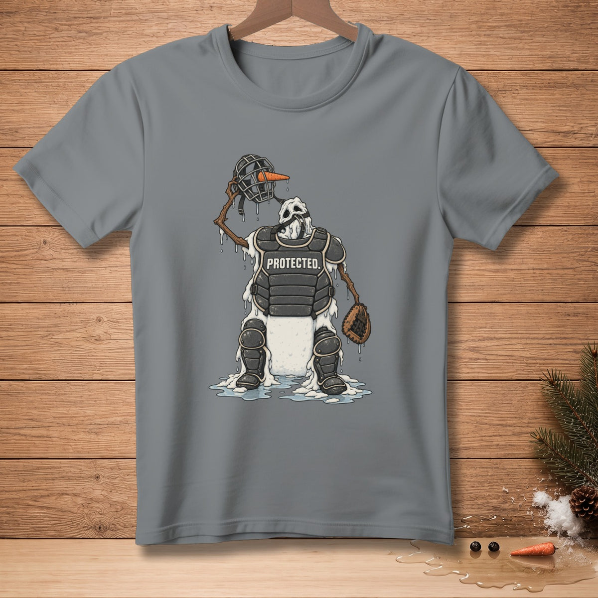 Melting snowman catcher in gear with "PROTECTED." text.