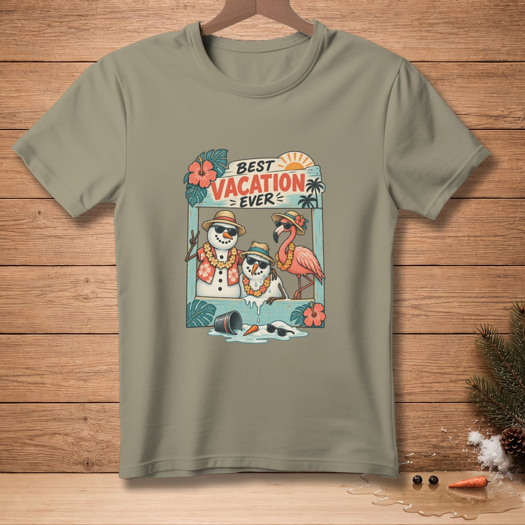 T-shirt graphic with melting snowmen, flamingo, and text "Best Vacation Ever".