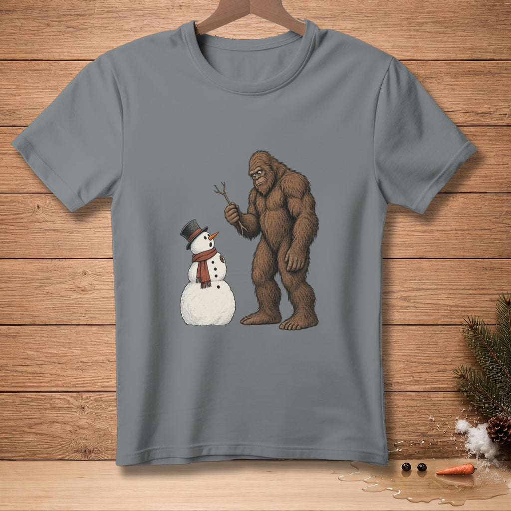 Bigfoot holding a stick, facing a snowman with a top hat and scarf.