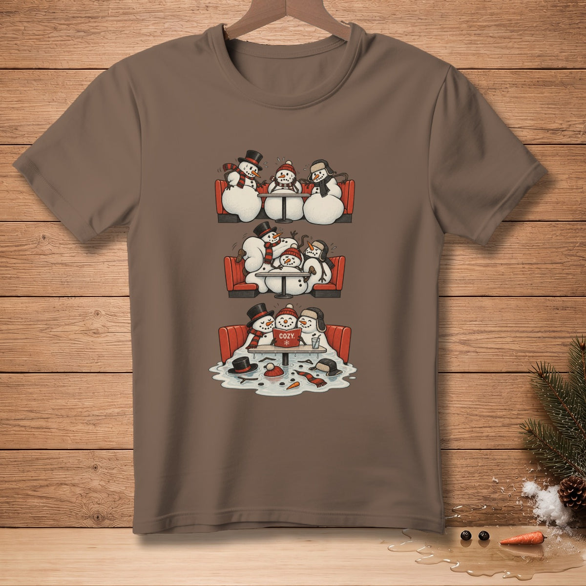 Three scenes of melting snowmen sitting at booths, one with "COZY" text.