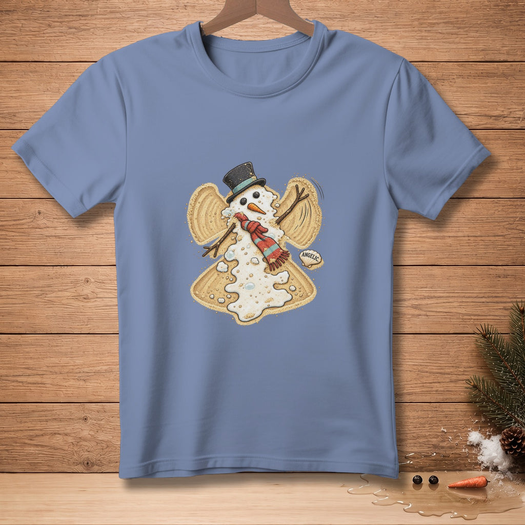 T-shirt with a snowman angel design and the word "Angelic" on a shell.