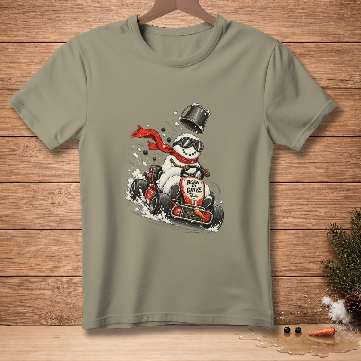 Snowman in go-kart with "Born to Drive" text and checkered flags.