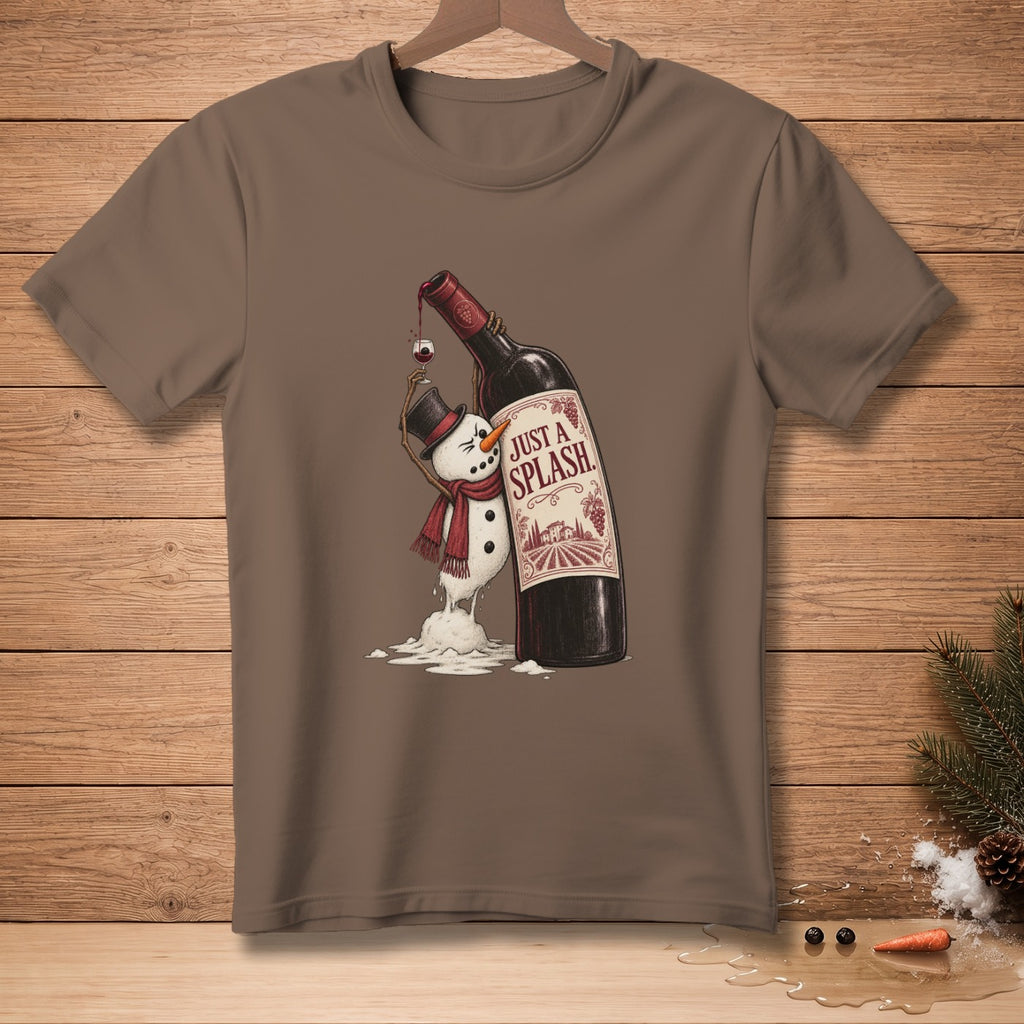 Brown t-shirt graphic of a melting snowman holding a glass from a wine bottle with "JUST A SPLASH" text.