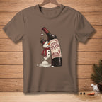 Brown t-shirt graphic of a melting snowman holding a glass from a wine bottle with "JUST A SPLASH" text.