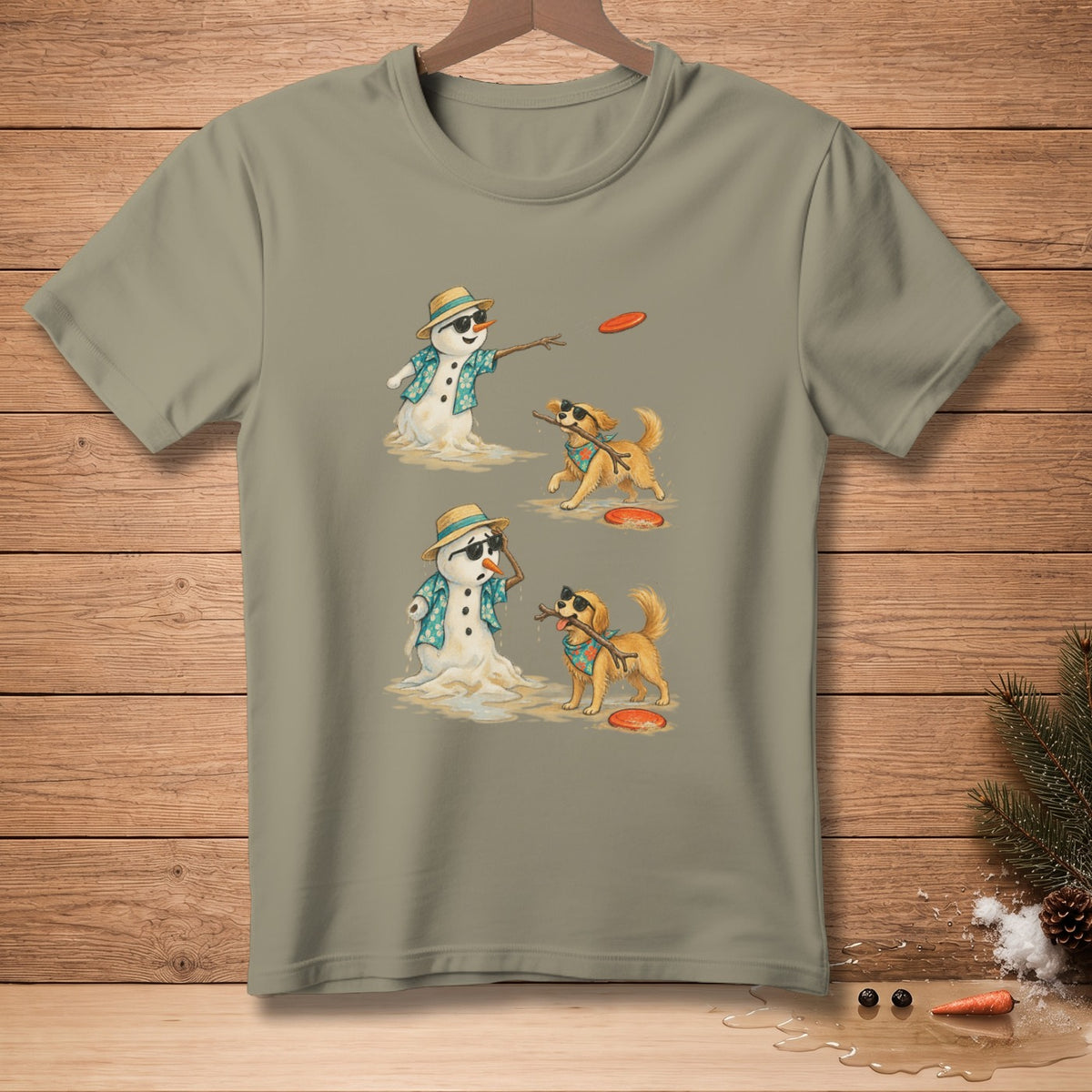 Melting snowmen in Hawaiian shirts play frisbee with golden retrievers on a beach.