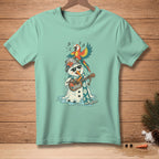 Melting snowman playing guitar with parrot singing on bucket hat, shirt graphic.