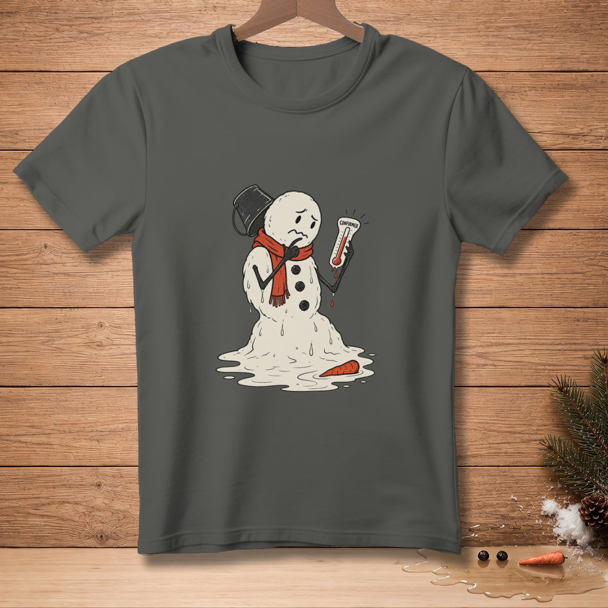 Melting snowman with thermometer reads "Confirmed" on a dark gray t-shirt.