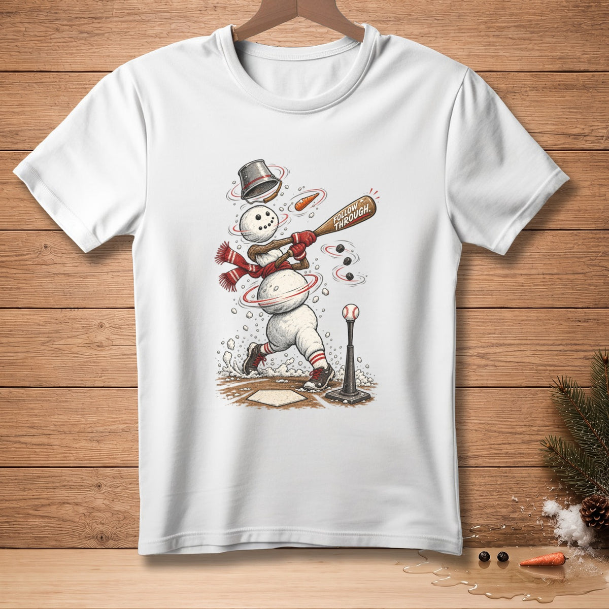 Snowman playing baseball, swinging bat with "Follow Through" text.