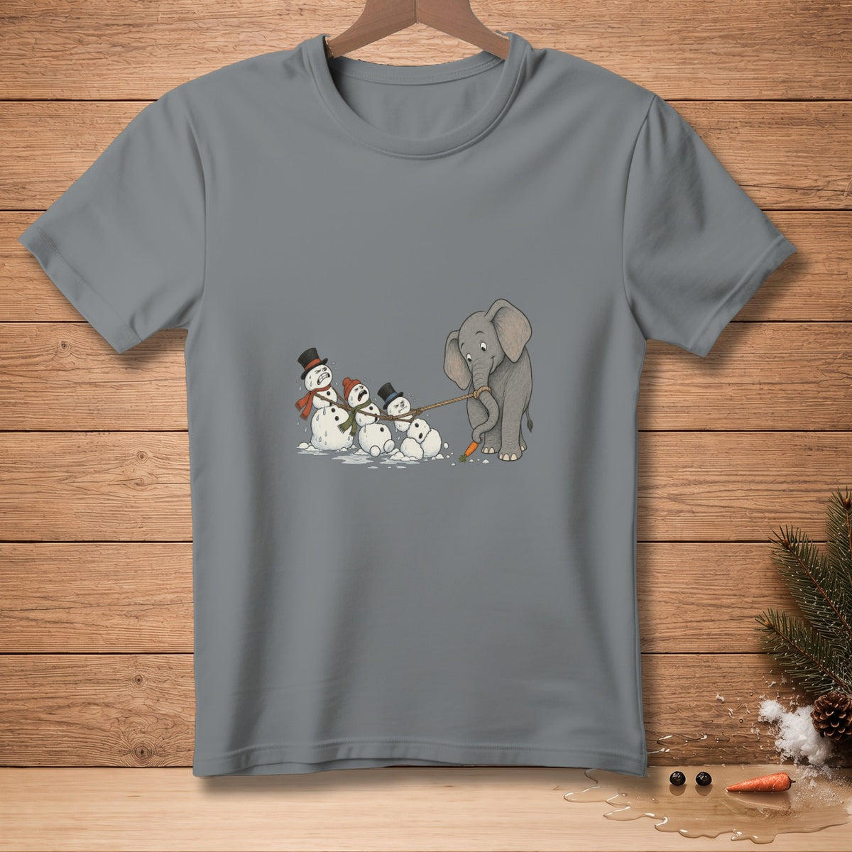 Elephant pulls snowmen on a rope, one snowman wears a hat and scarf.
