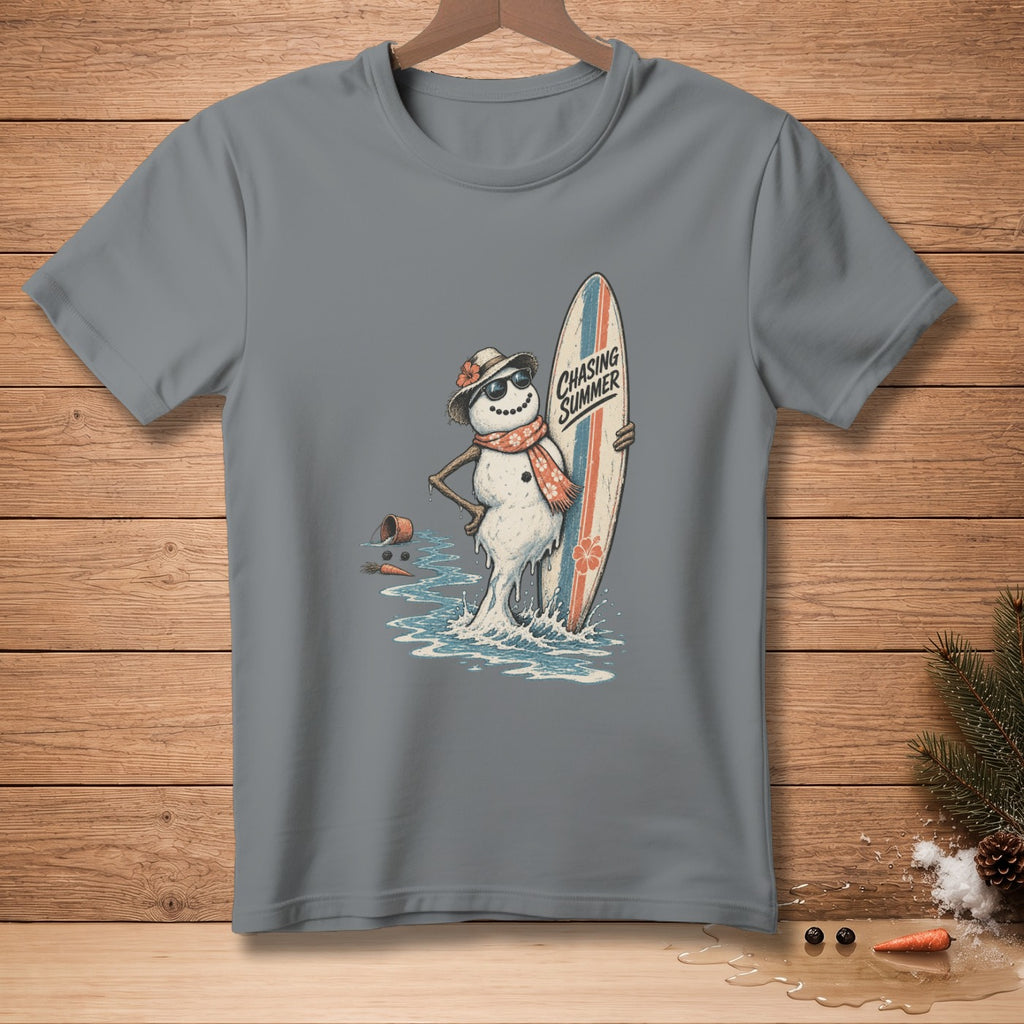 Melting snowman wearing sunglasses and scarf holding surfboard with text "Chasing Summer".