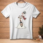 White t-shirt with a snowman opening a bottle of wine labeled "Almost Open."