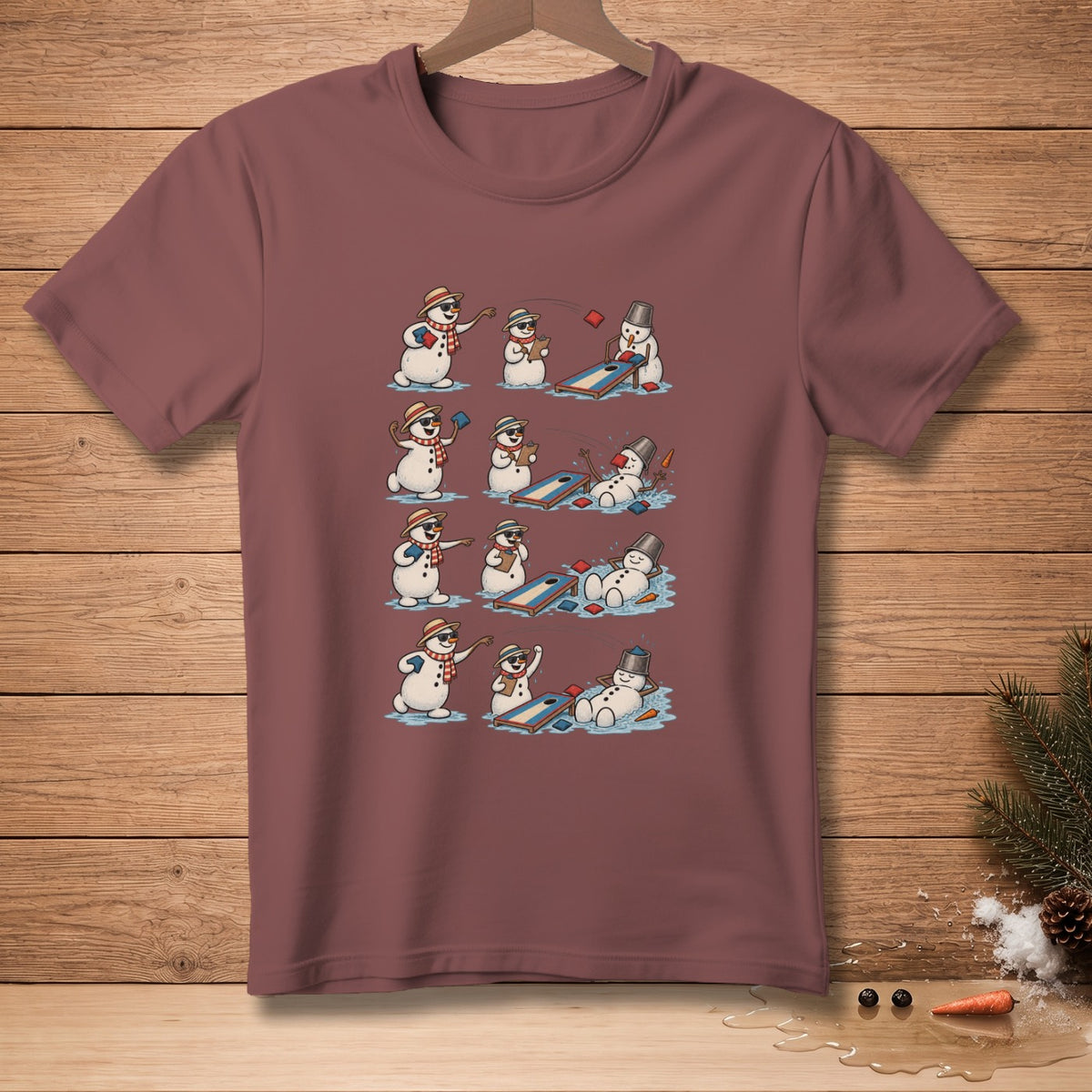 Snowmen playing cornhole with a progression of wins and melts.