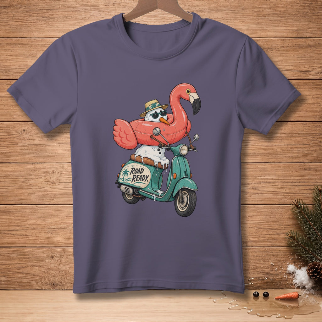 Snowman wearing flamingo float, sunglasses, and hat riding a scooter with "Road Ready" text.