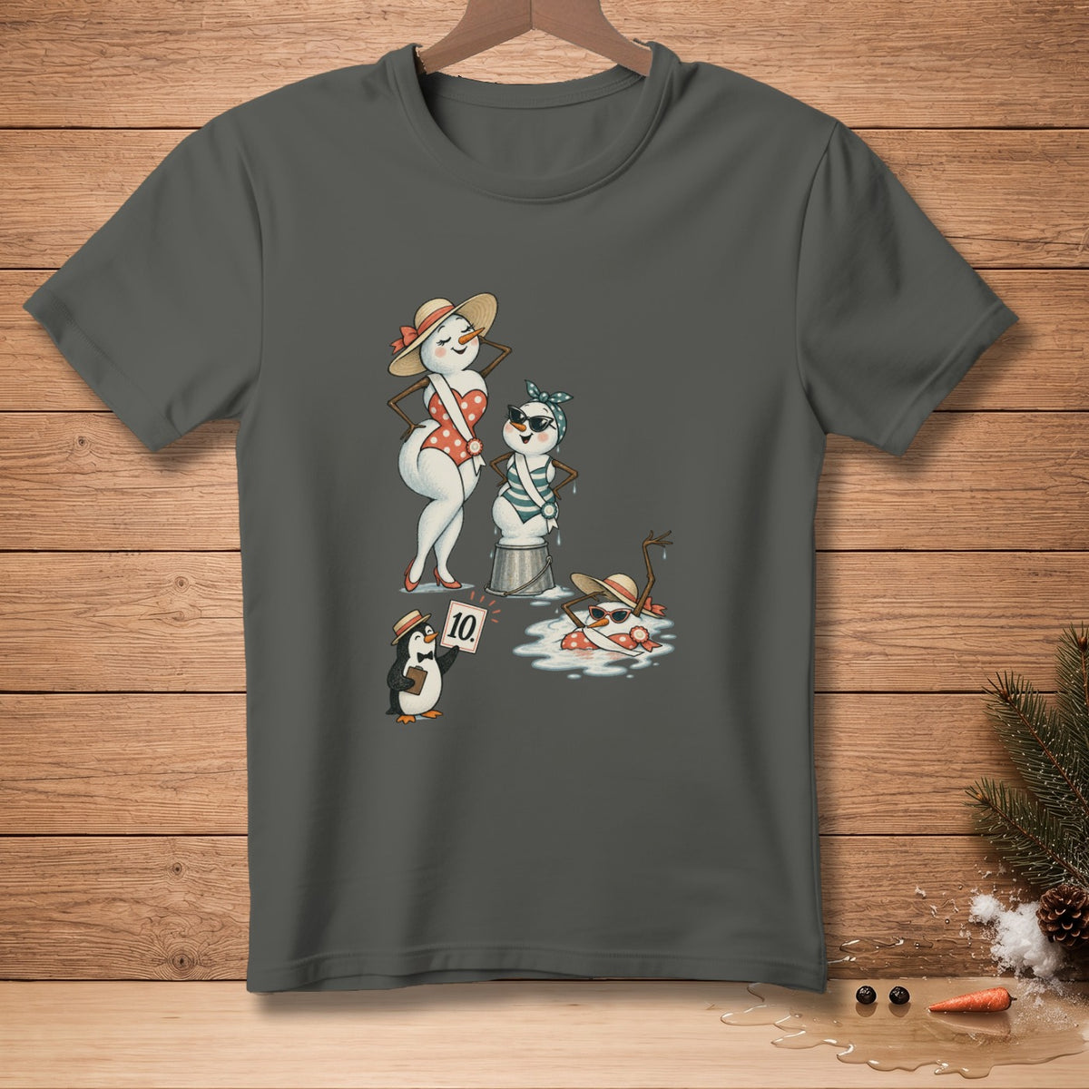 Cartoon snowmen in swimsuits with a penguin judge holding a 10 score.