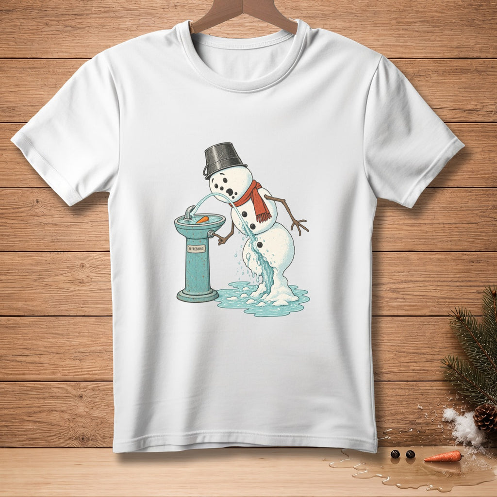 Melting snowman drinks from a water fountain labeled "Refreshing."