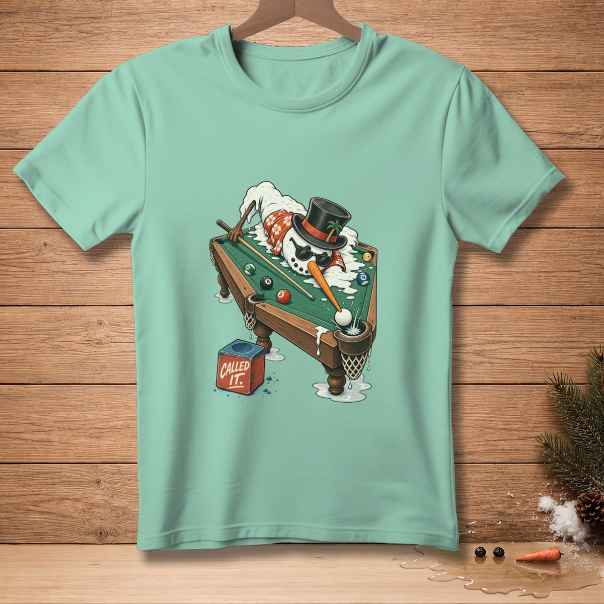Snowman playing billiards on a pool table, wearing a top hat.