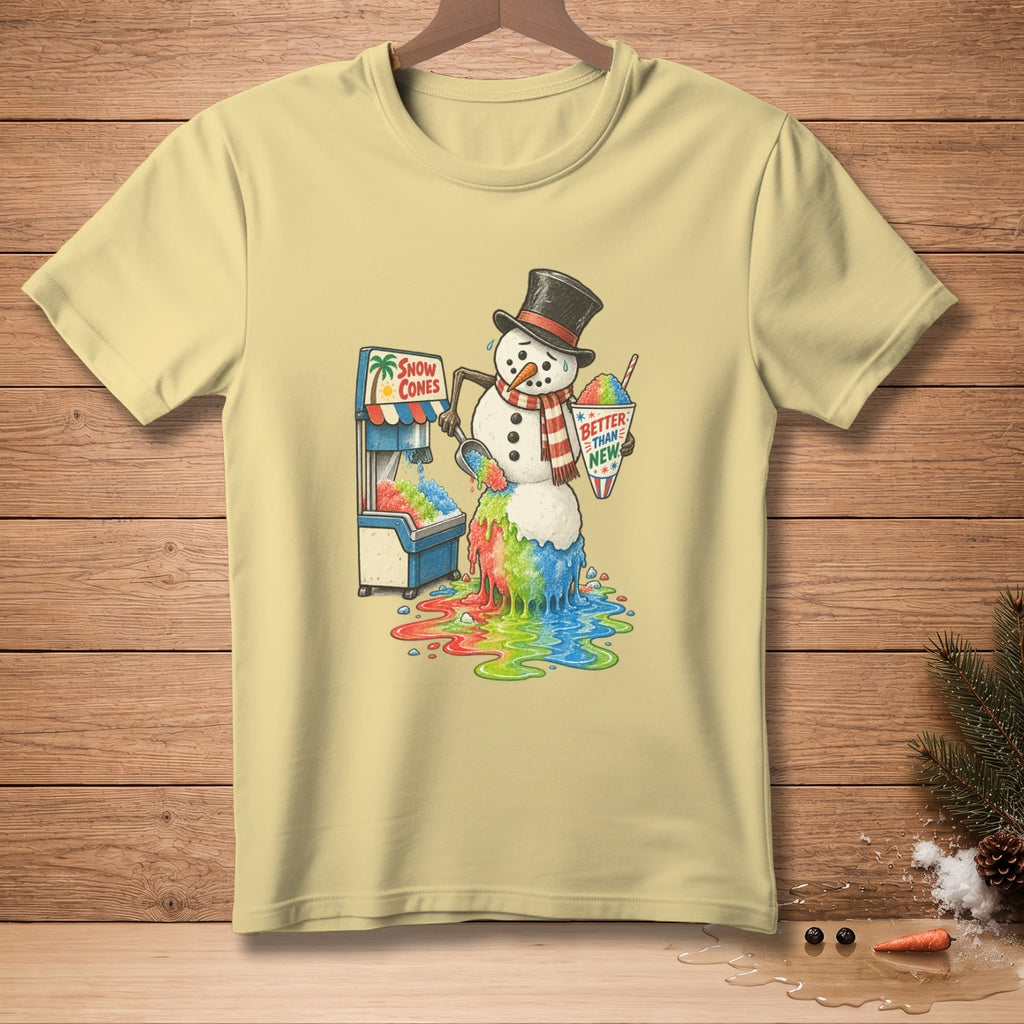 Snowman making rainbow snow cones, text "Better Than New"