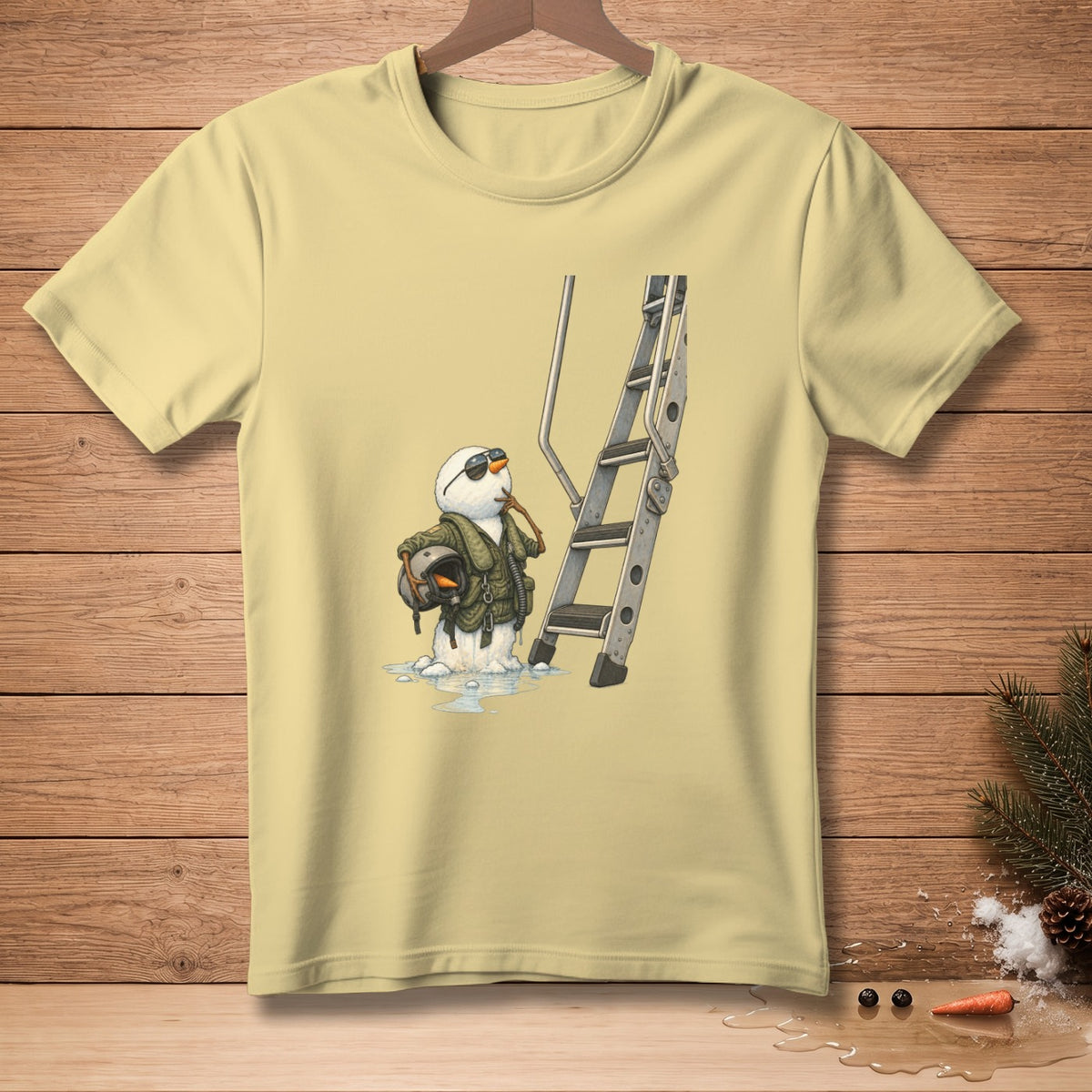 Snowman in pilot gear holding helmet, standing next to a ladder.