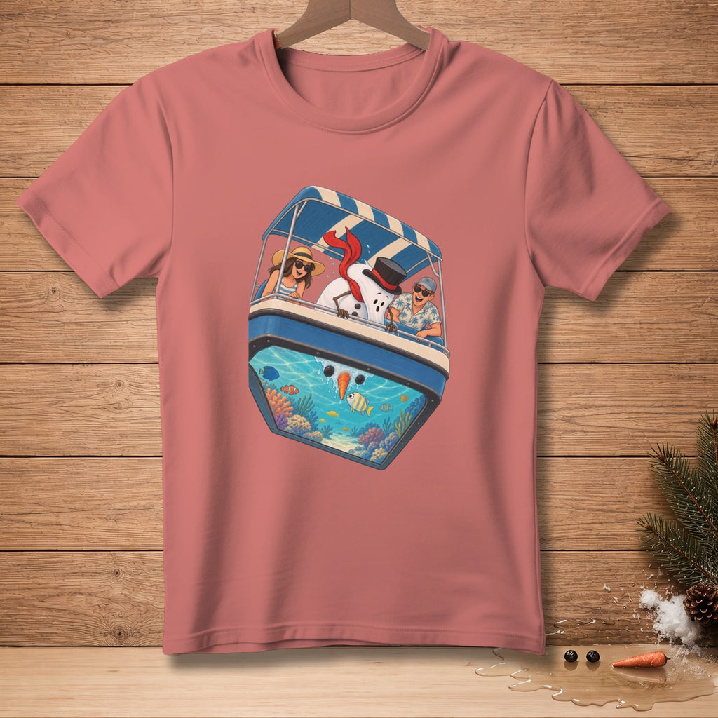 Snowman, couple, and underwater scene on a coral reef design on a pink t-shirt.