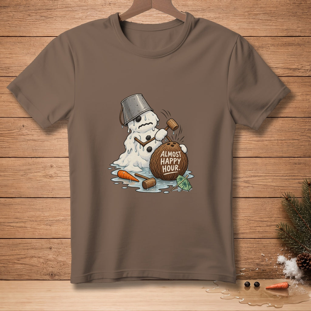 Melting snowman with bucket hat holding coconut that says "Almost Happy Hour."