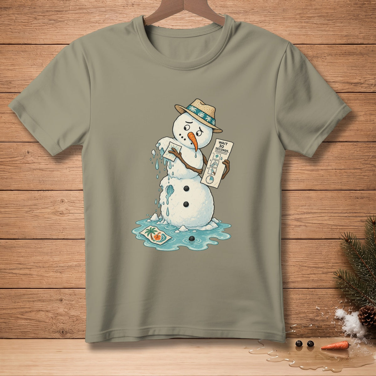 Melting snowman wearing a straw hat and holding instructions for a tropical vacation.