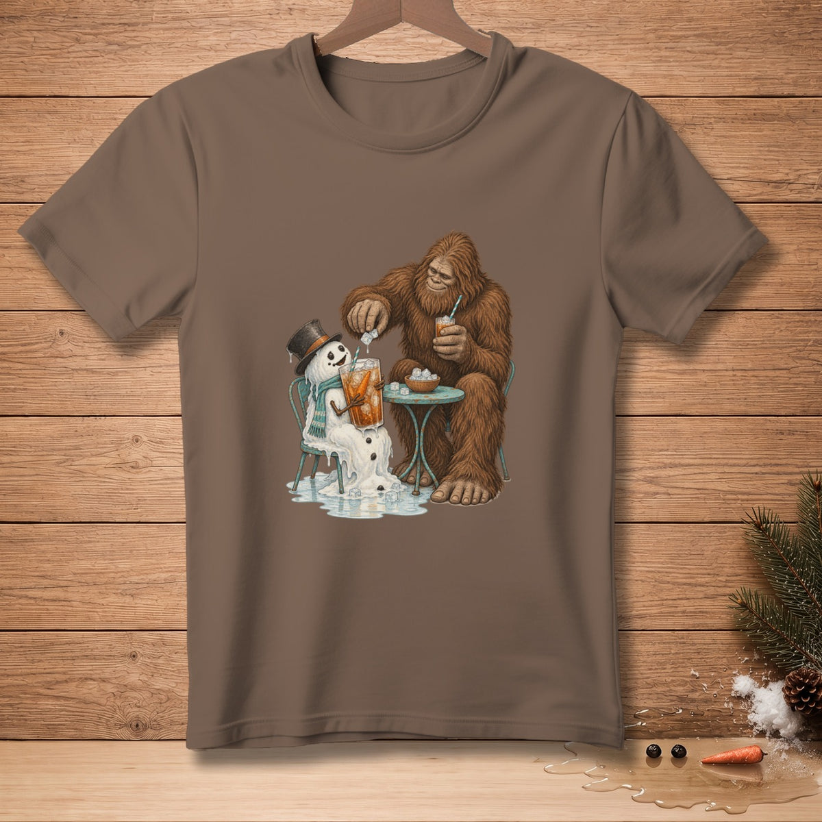 Bigfoot pours ice into a melting snowman's drink at a small table.