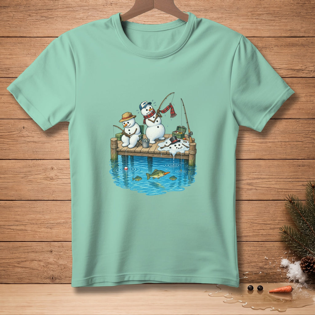 Two snowmen fishing on a pier with a bucket and a caught fish.