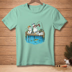 Two snowmen fishing on a pier with a bucket and a caught fish.