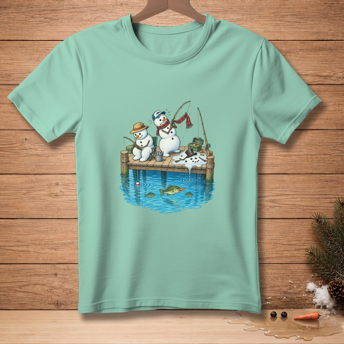 Two snowmen fishing on a pier with a bucket and a caught fish.