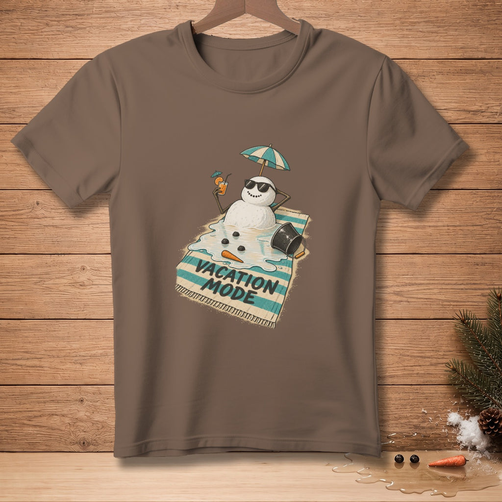 Brown t-shirt with melting snowman on a beach towel, text reads "Vacation Mode."