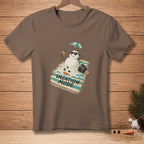 Brown t-shirt with melting snowman on a beach towel, text reads "Vacation Mode."