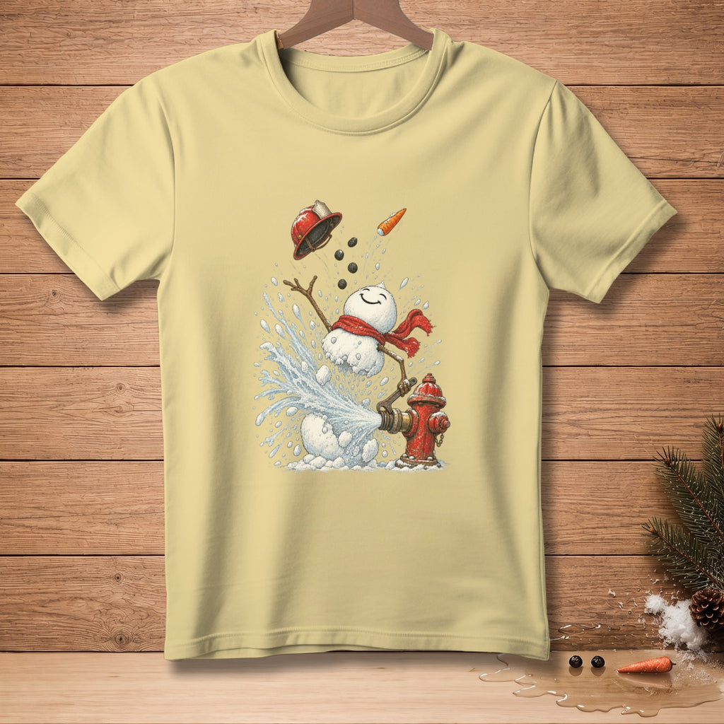 Light yellow t-shirt with snowman spraying water from fire hydrant graphic.