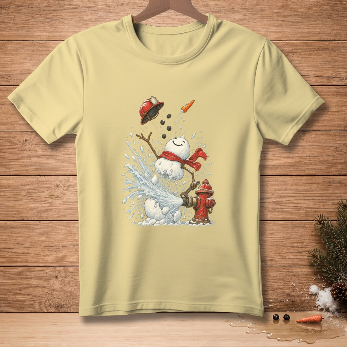 Light yellow t-shirt with snowman spraying water from fire hydrant graphic.