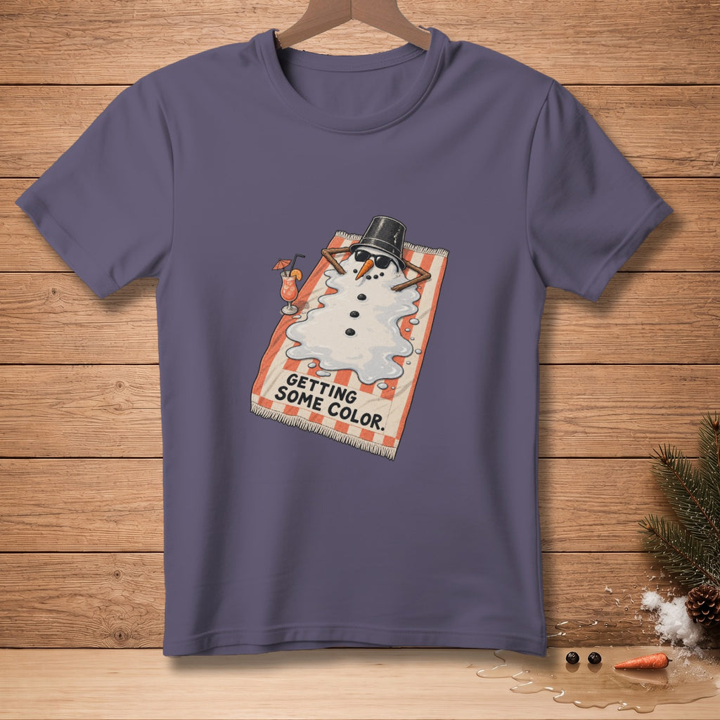 T-shirt with melting snowman wearing sunglasses and a bucket hat, text reads "GETTING SOME COLOR."