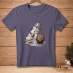 Snowman with bucket on head, melting in water, with coconut that says "Almost Got It."