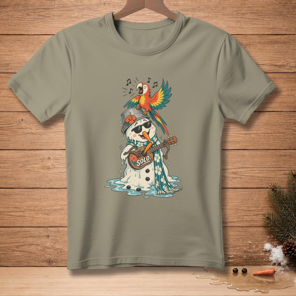 Melting snowman wearing sunglasses and scarf plays ukulele with a parrot singing.