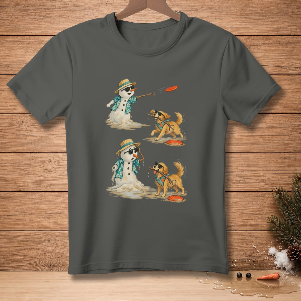 Melting snowman in Hawaiian shirt plays frisbee with a golden retriever dog.