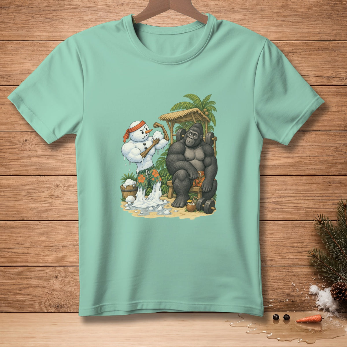 Snowman flexing muscles next to a gorilla at a beach gym.