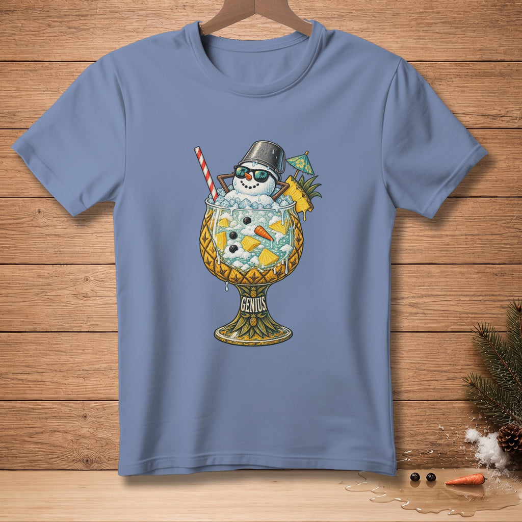 T-shirt with a snowman in a pineapple cocktail and the word "Genius".