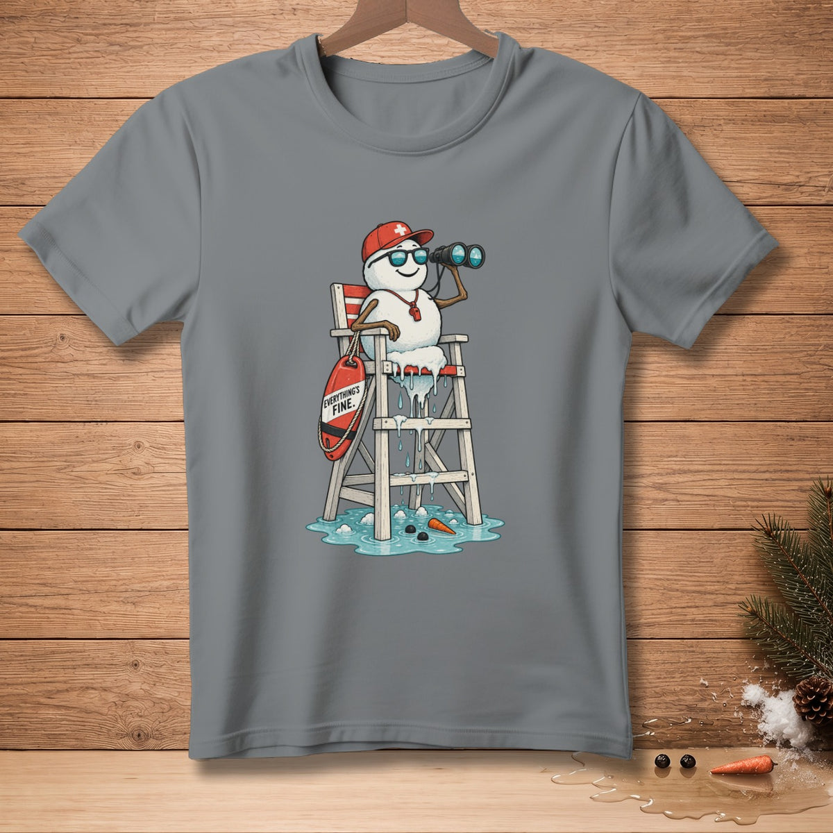 Melting snowman lifeguard with binoculars on a chair, text reads "Everything's Fine."