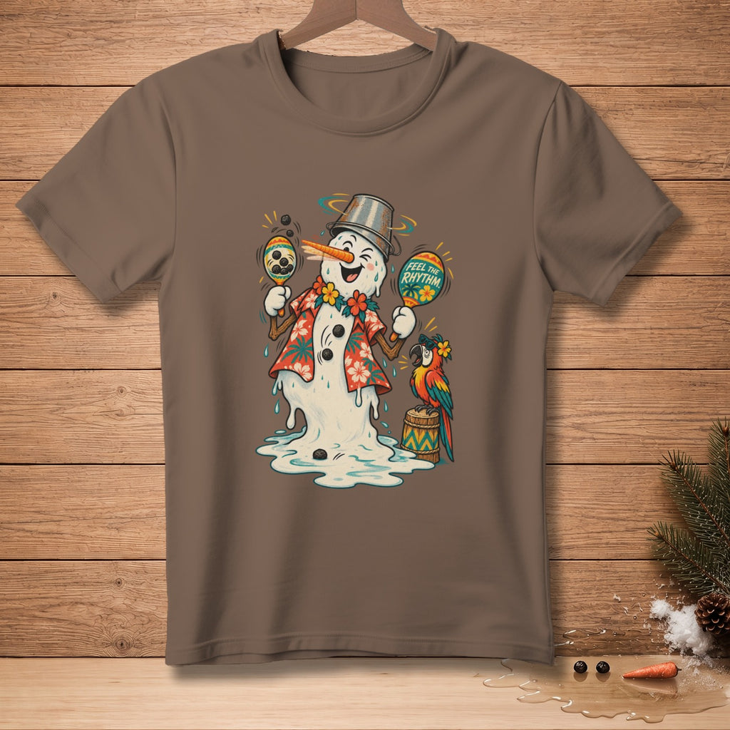 Melting snowman in Hawaiian shirt playing maracas with parrot, "Feel the Rhythm" text.