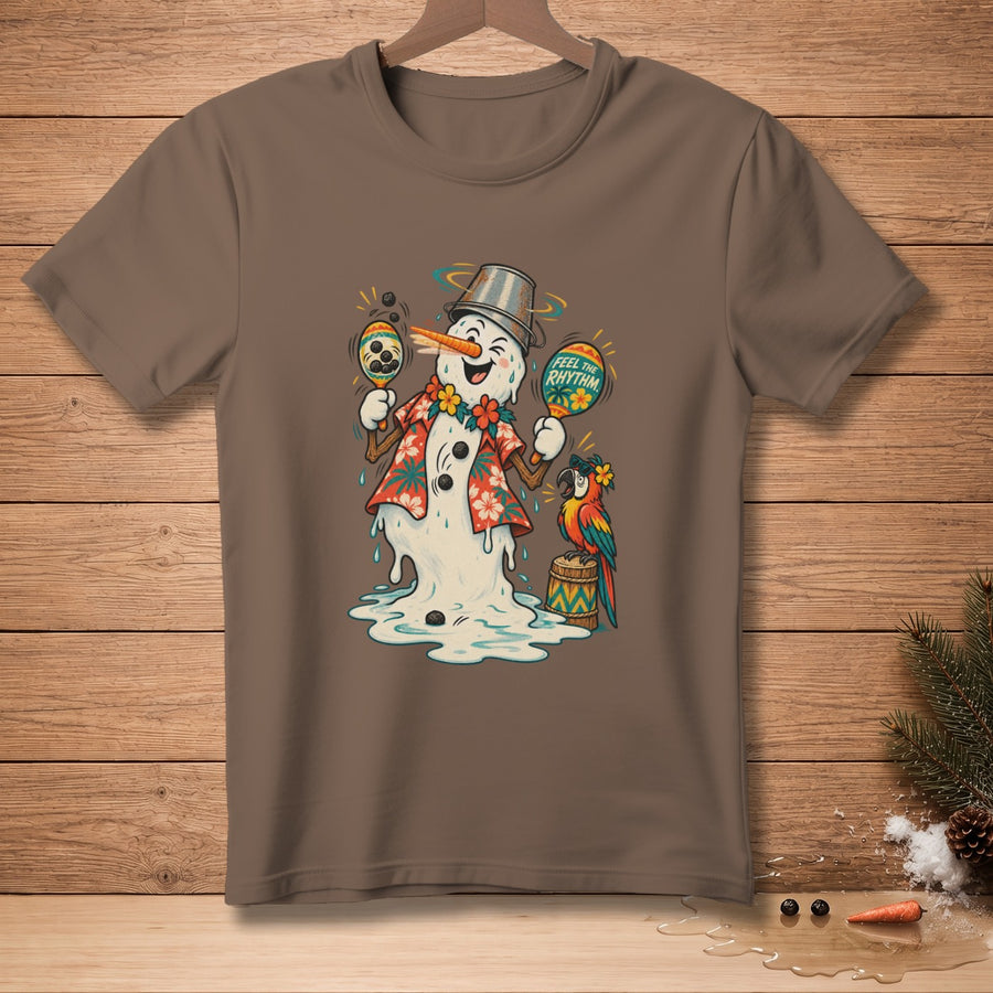 Melting snowman in Hawaiian shirt playing maracas with parrot, "Feel the Rhythm" text.