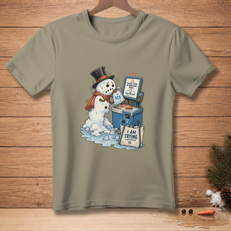 Melting snowman bags ice at a self-checkout with text "I AM TRYING."