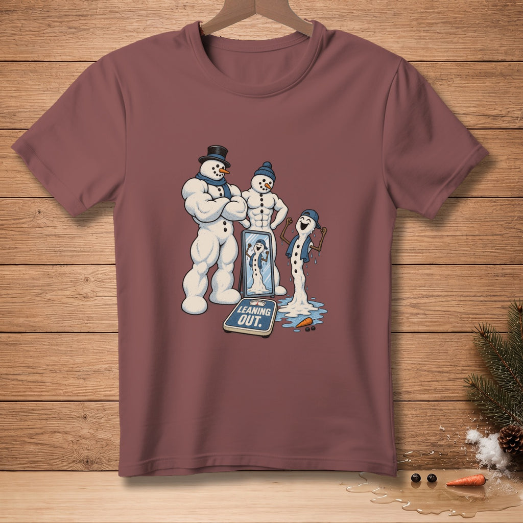 Muscular snowmen look in a mirror next to a scale that reads "LEANING OUT."