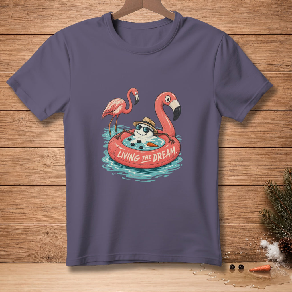 Snowman in flamingo float with flamingos and "Living the Dream" text.
