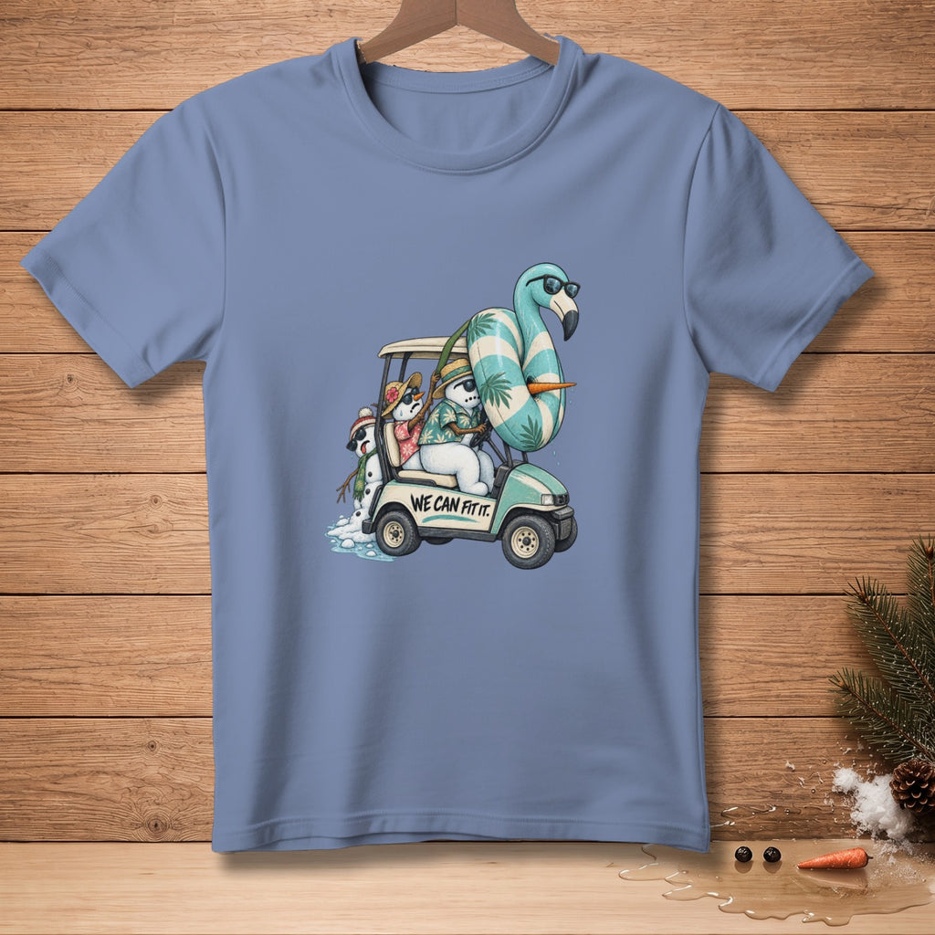 Snowmen in a golf cart with a flamingo tube and the text "WE CAN FIT IT."