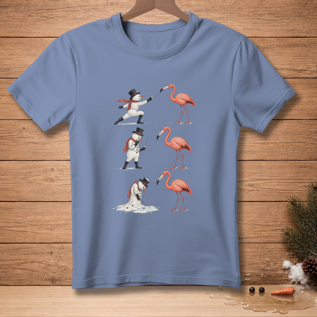 Snowman fencing with flamingos, melting.