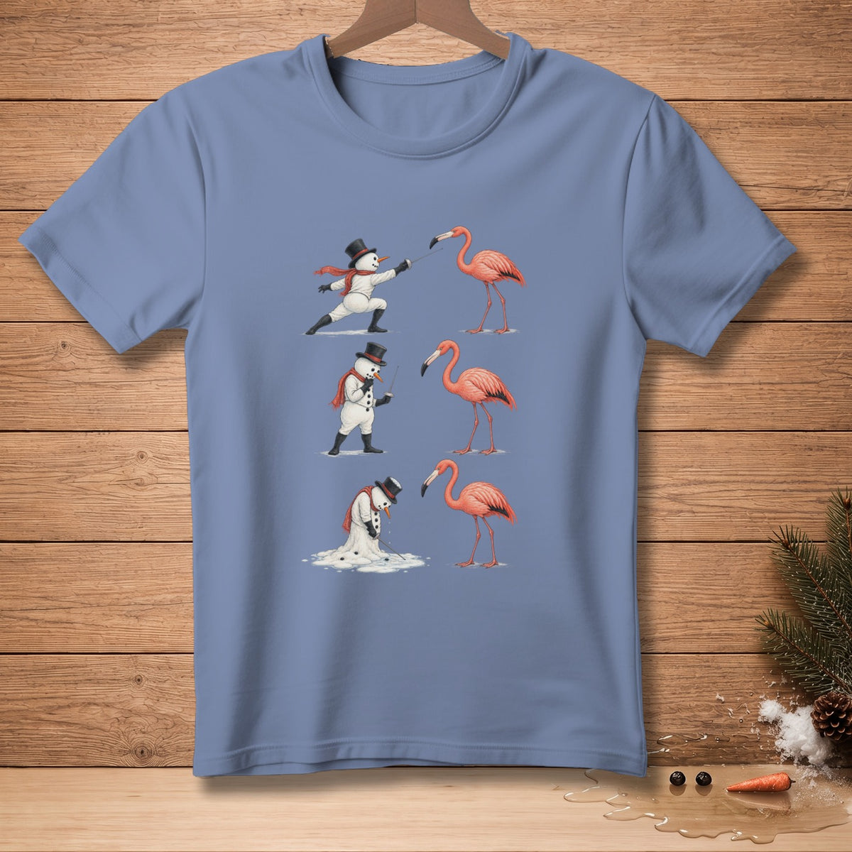 Snowman fencing with flamingos, melting.